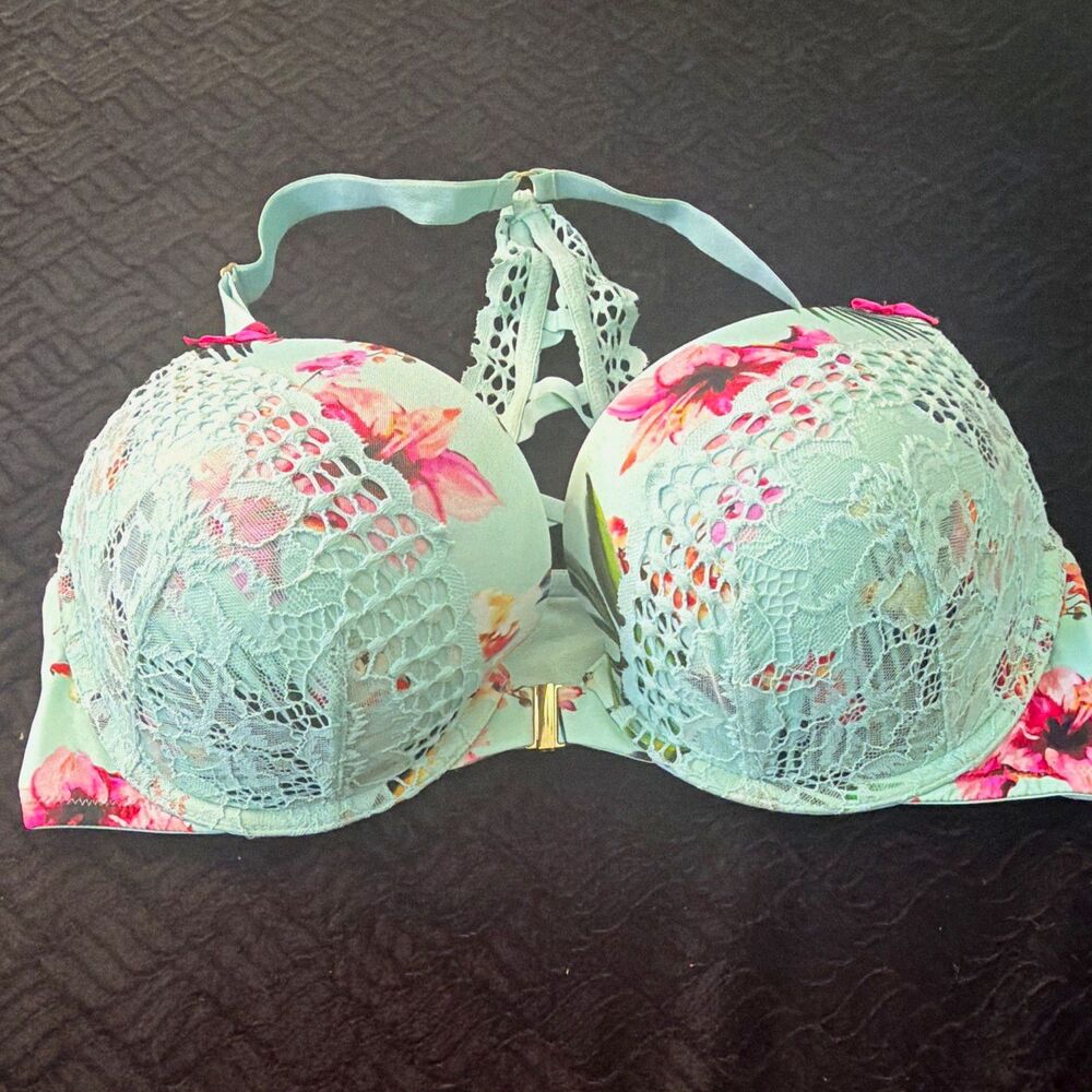 Cacique Boost Plunge 40D Mint Green Floral Lace Padded Underwire Racerback